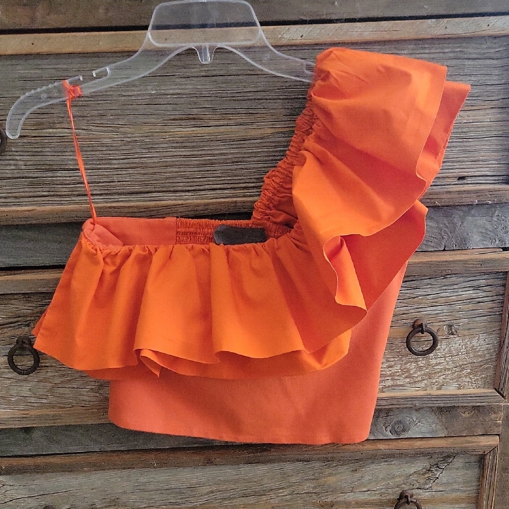 Anthropologie Sunday in Brooklyn Vibrant Orange Ruffled Crop Top